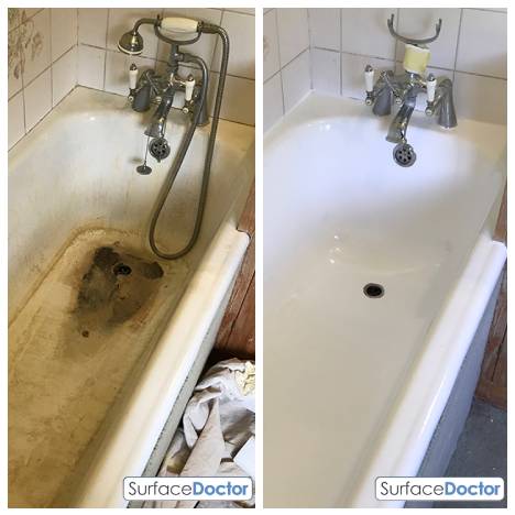 Glasgow bathtub chip repair service before and after - dramatic transformation showing damaged bath completely restored to pristine condition using specialist repair compounds and color-matching